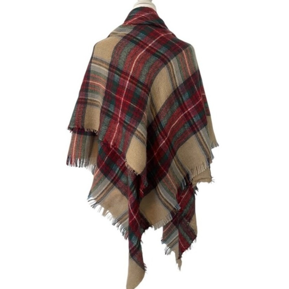 Red Green Plaid Blanket Scarf Oversized Square Fringe Wrap Shawl 55x55
